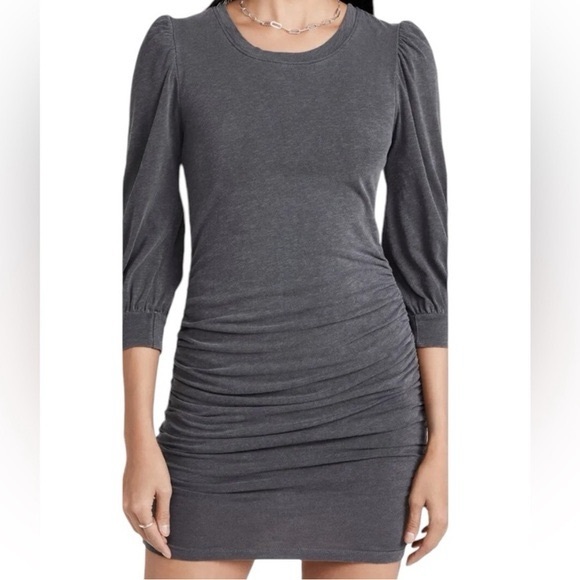 Anthropologie Sundry Ruche Puff Sleeve Mini Dress in Gray Size 2 = M  EUC - Picture 1 of 11
